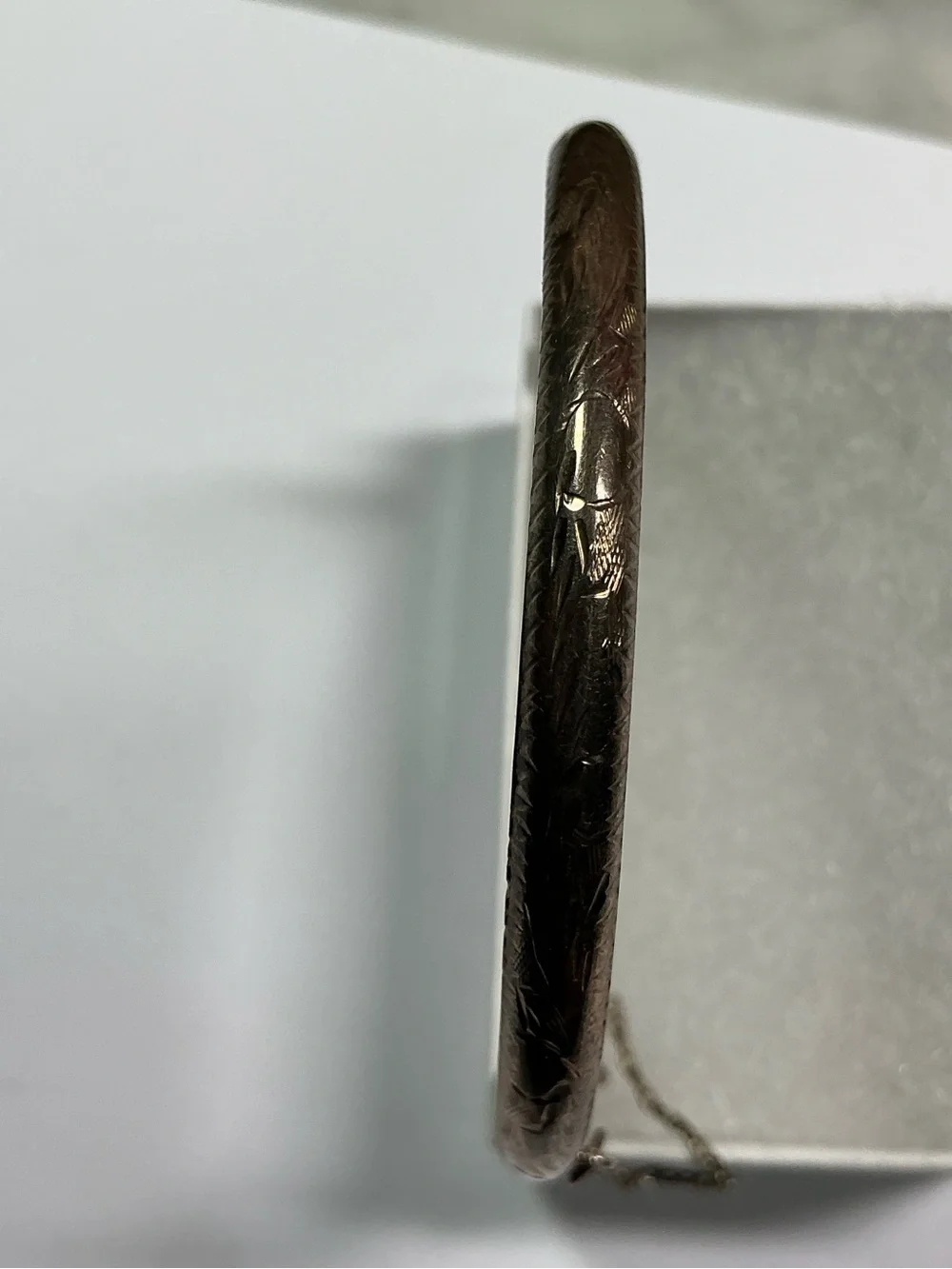 Sterling Silver Etched Design Hinged Bracelet. 2 & 3/8 inch diameter